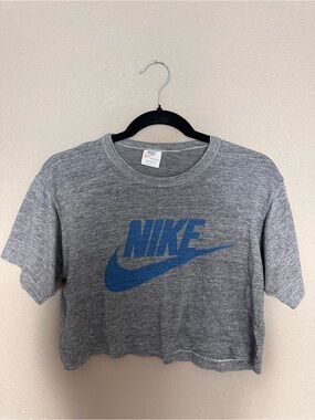 Vintage 1970s Nike Gray Cropped Logo Tee - Blue Swoosh made in the usa